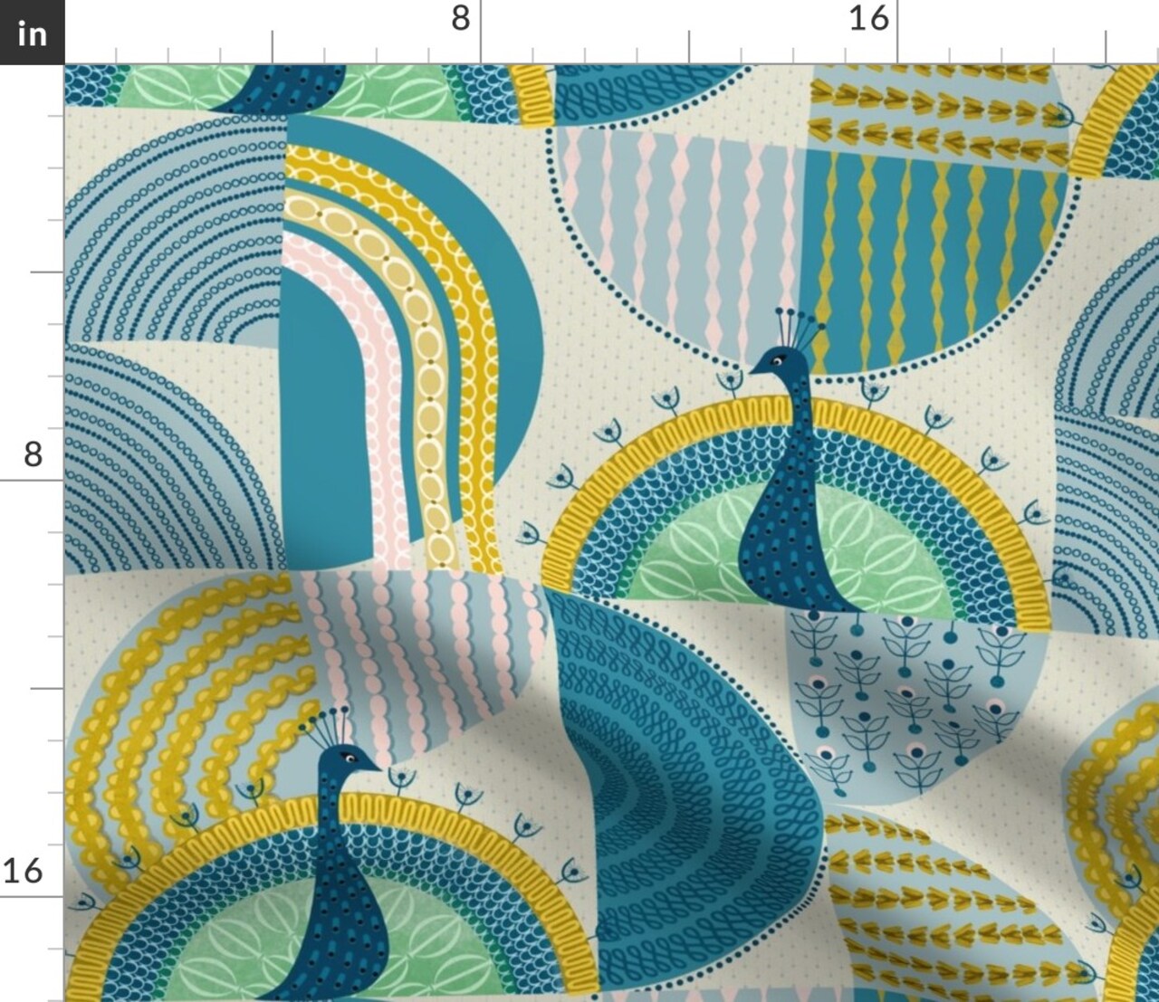 Geometric Peacock Lagoon Blue Midcentury Custom Printed Fabric by Spoonflower Various Fabrics by the Yard or Fat Quarter